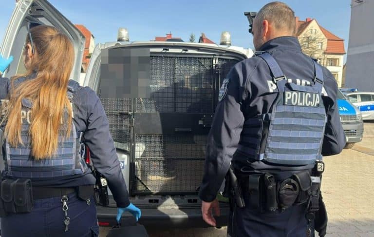 Policjanci stojący przy radiowozie podczas interwencji w domu w gminie Biała Piska.