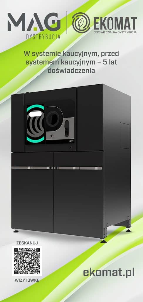 Reklama systemu kaucyjnego Ekomat na tle zielonych element&oacute;w graficznych.