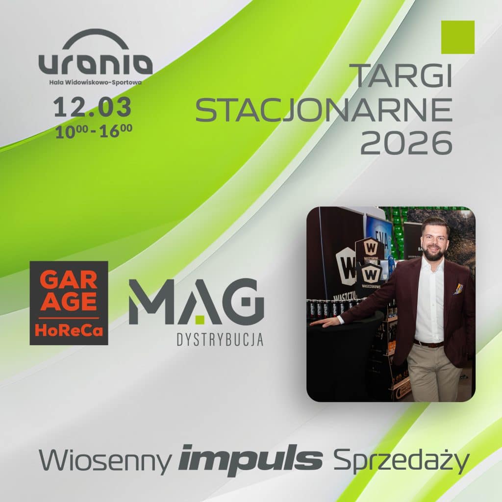 Plakat promujący wydarzenie w hali Urania, z datą 12 marca i zdjęciem mężczyzny przy stoisku.