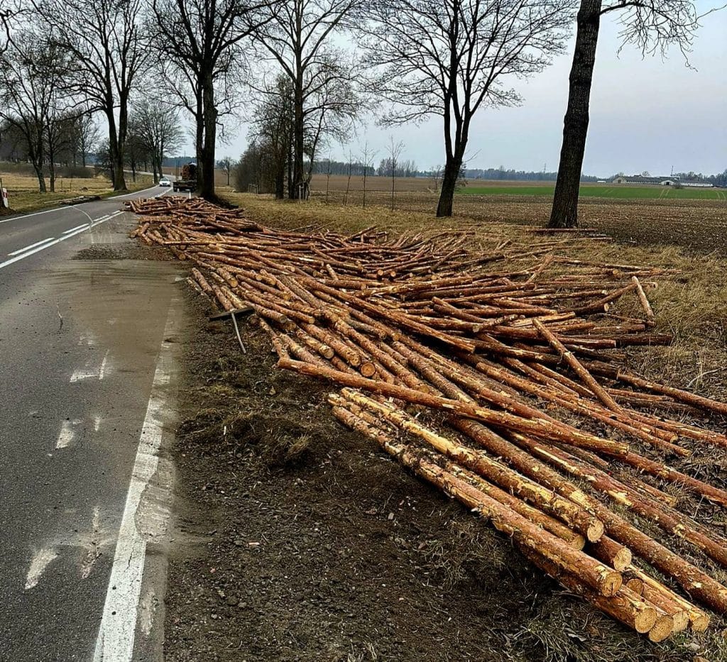 Kłody drewna rozrzucone na drodze wojew&oacute;dzkiej nr 655 po wypadku ciężar&oacute;wki.