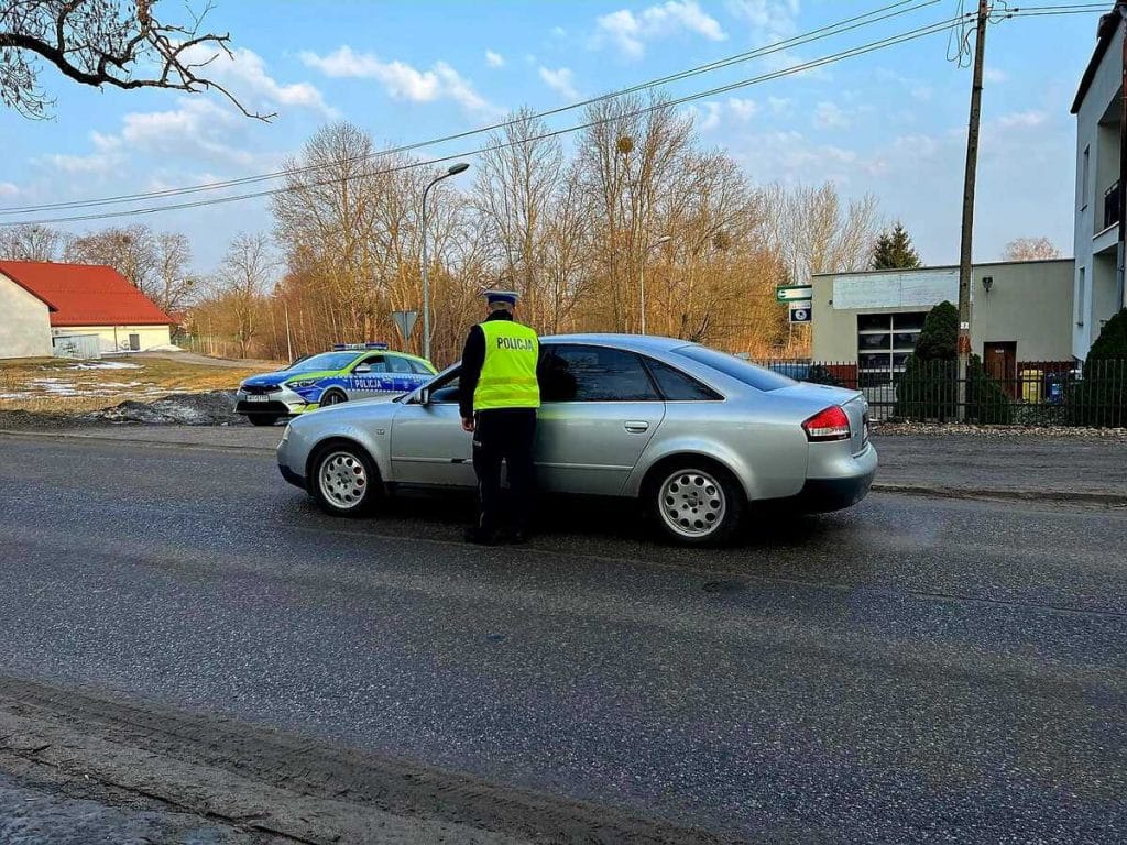Policjant zatrzymuje samoch&oacute;d na drodze podczas kontroli, w tle radiow&oacute;z i krajobraz z drzewami i budynkami.