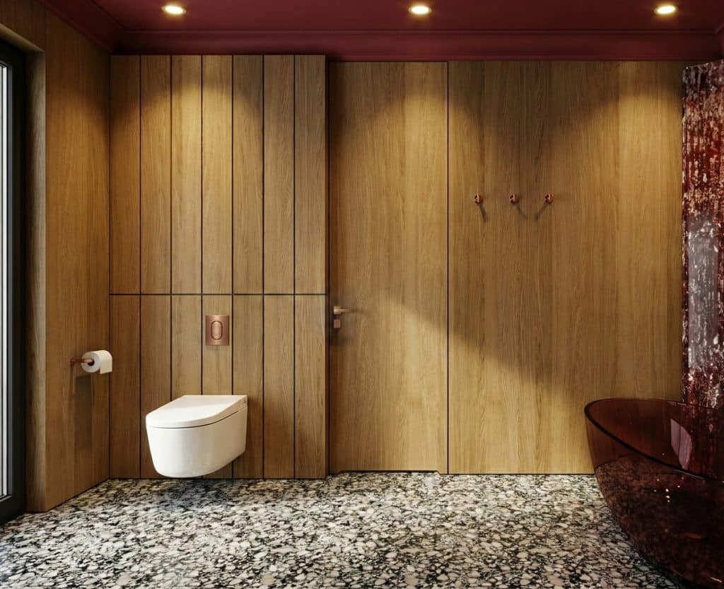Wnętrze nowoczesnej łazienki z drewnianymi panelami i marmurową podłogą.