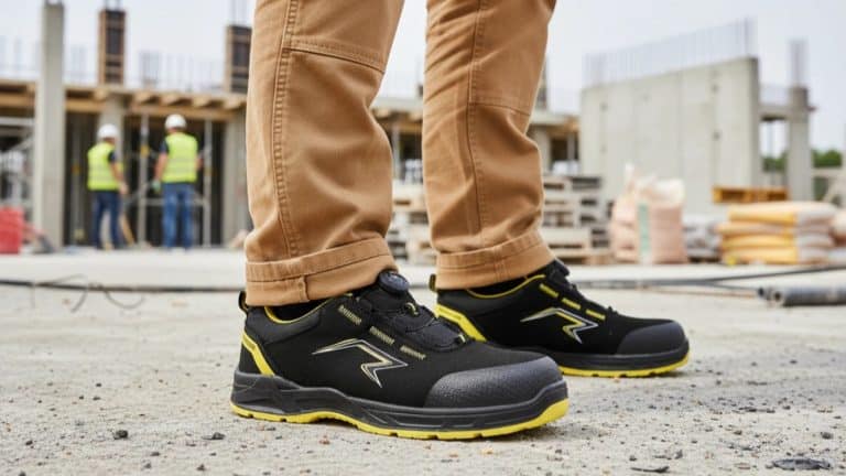 Osoba w obuwiu roboczym na placu budowy, w tle pracownicy w kaskach i kamizelkach odblaskowych.