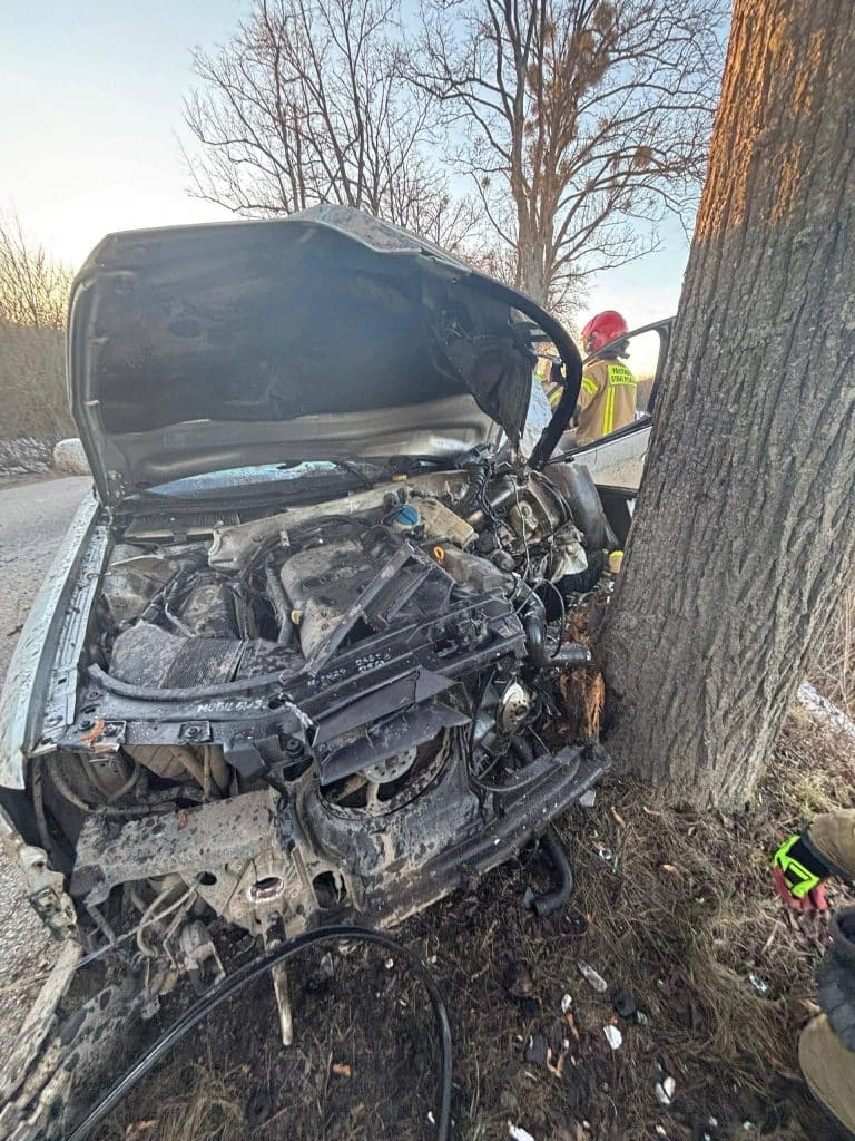 Rozbity samoch&oacute;d marki Audi po wypadku z drzewem, na miejscu strażacy i policja.