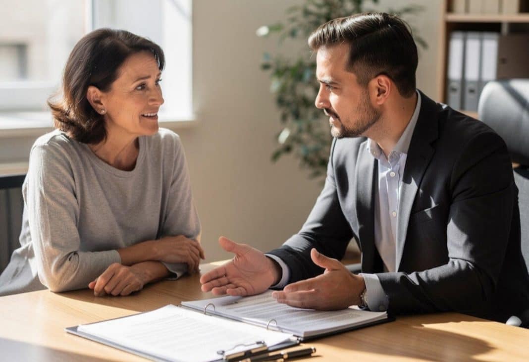 Dwie osoby rozmawiają przy stole, jedna z nich to kobieta, druga mężczyzna w garniturze, w tle biurko i rośliny.