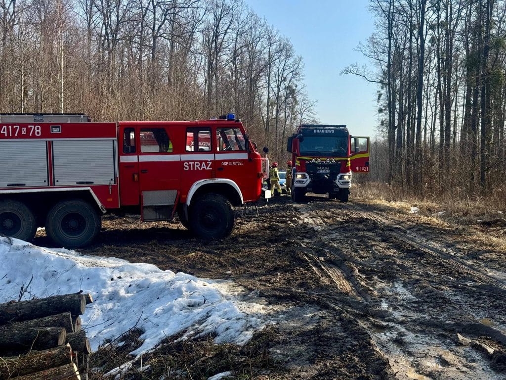 Straż pożarna i policja na leśnej drodze po wypadku ciężar&oacute;wki w rowie.