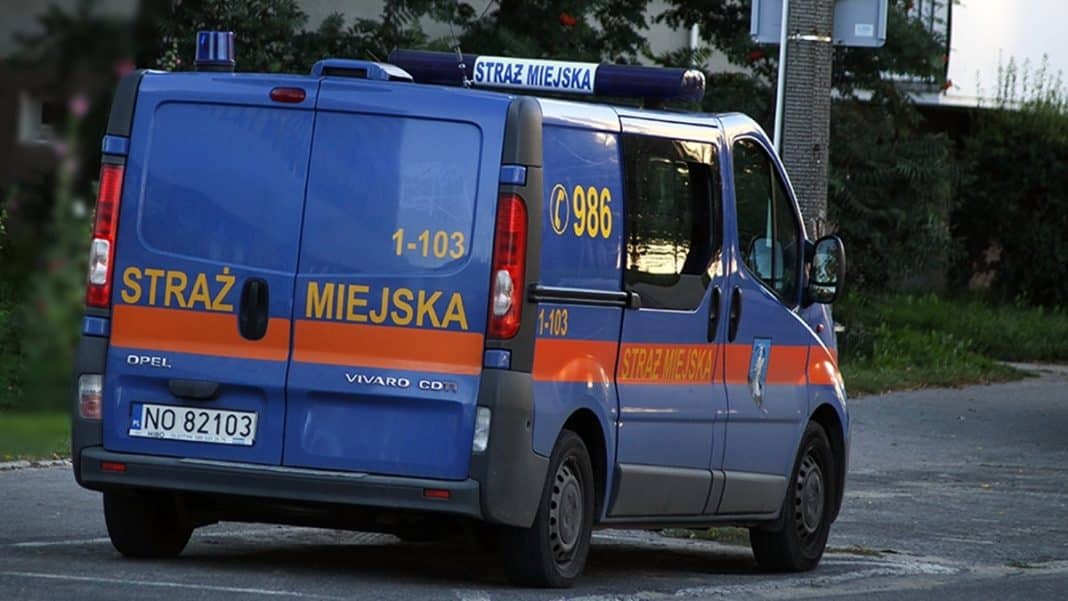 Niebieski samoch&oacute;d straży miejskiej na ulicy, w tle drzewa i budynki.