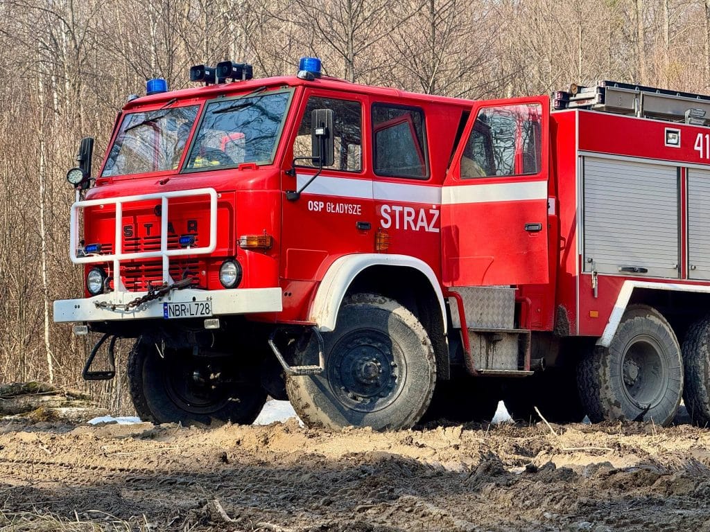Czerwony w&oacute;z strażacki na leśnej drodze, w tle drzewa bez liści.