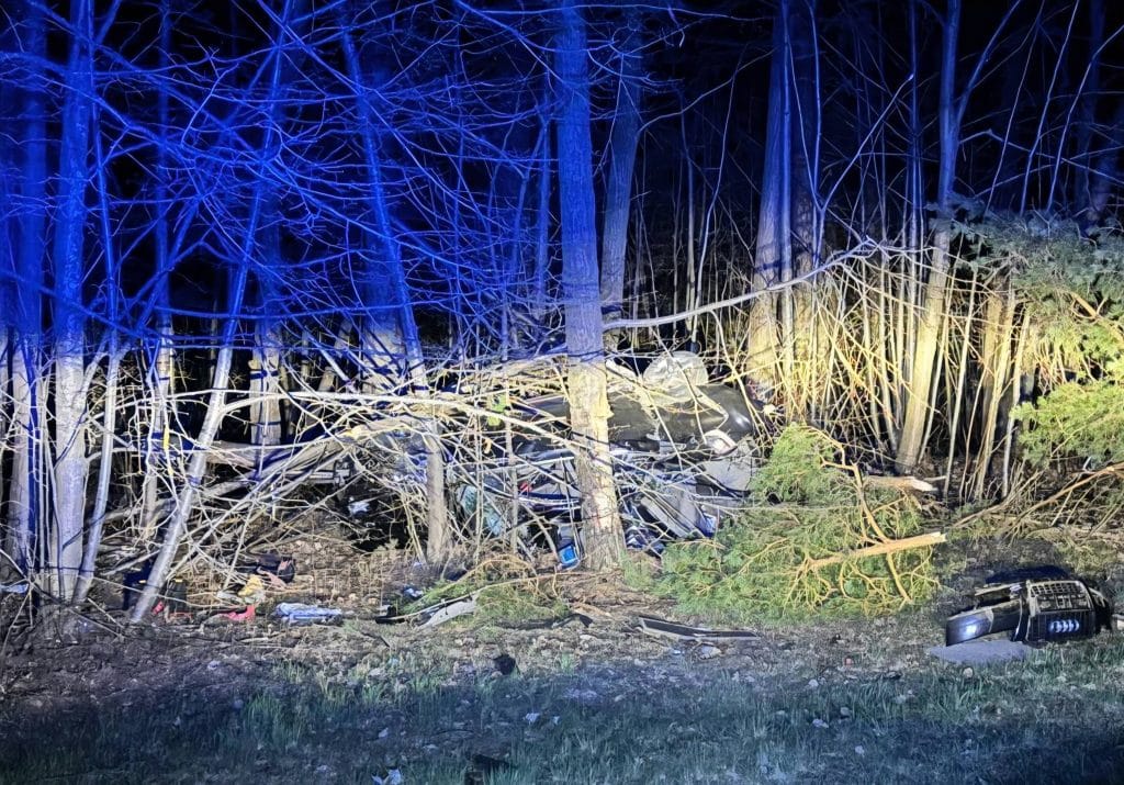 Rozbity samoch&oacute;d w lesie, otoczony drzewami, z uszkodzeniami po wypadku, nocą, z niebieskim i ż&oacute;łtym oświetleniem.