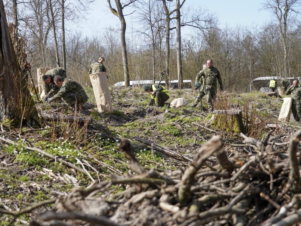 Grupa os&oacute;b sadzi drzewa w lesie na Mazurach podczas wydarzenia z okazji Światowego Dnia Ziemi.
