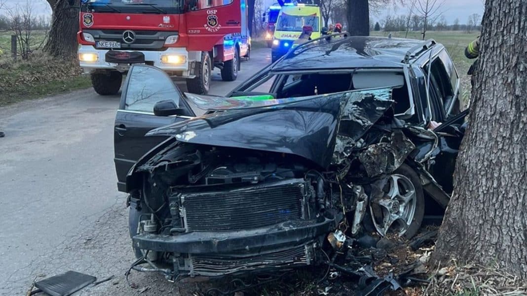 Uszkodzony samoch&oacute;d po wypadku na drodze, z widocznym zniszczeniem przedniej części i drzewem obok.