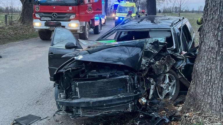 Uszkodzony samoch&oacute;d po wypadku na drodze, z widocznym zniszczeniem przedniej części i drzewem obok.