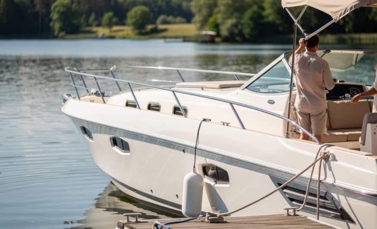 Biały jacht motorowy na Mazurach, widok z boku, na tle jeziora i zielonych brzeg&oacute;w.