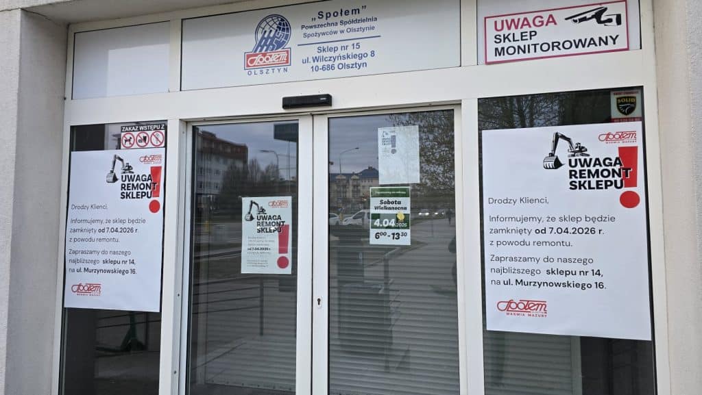 Zamknięte drzwi sklepu Społem na Jarotach z informacją o remoncie i zamknięciu od 7 kwietnia 2026 roku.