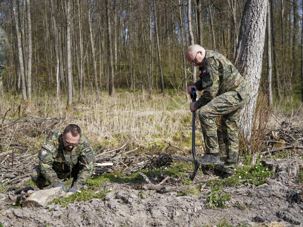 Strażnicy graniczni i leśnicy sadzą drzewa w lesie na Mazurach podczas akcji z okazji Światowego Dnia Ziemi.