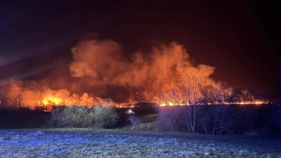 Pożar trzcinowiska na Mazurach, widok z oddali z dużymi kłębami dymu i płomieni nocą.