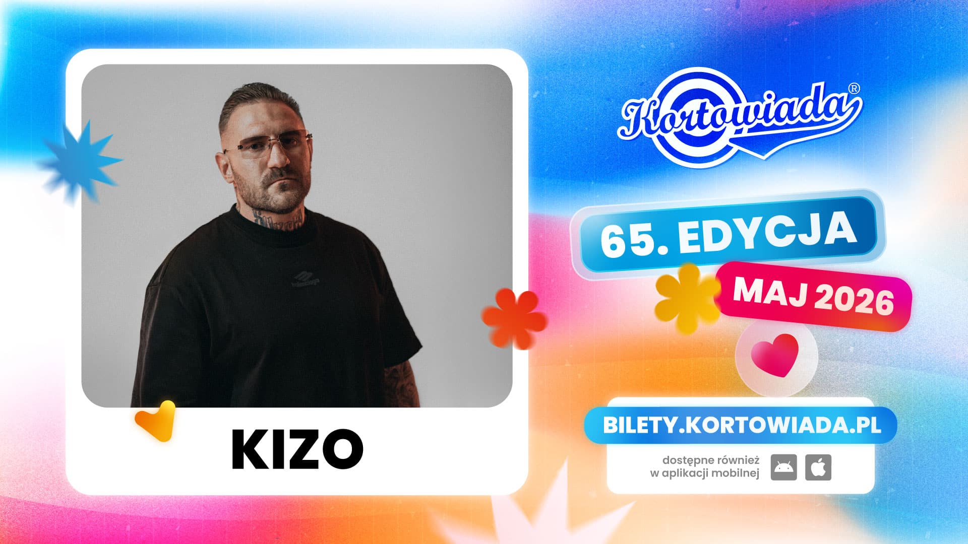 Zdjęcie rapera Kizo na tle grafiki promującej Kortowiadę 2026.
