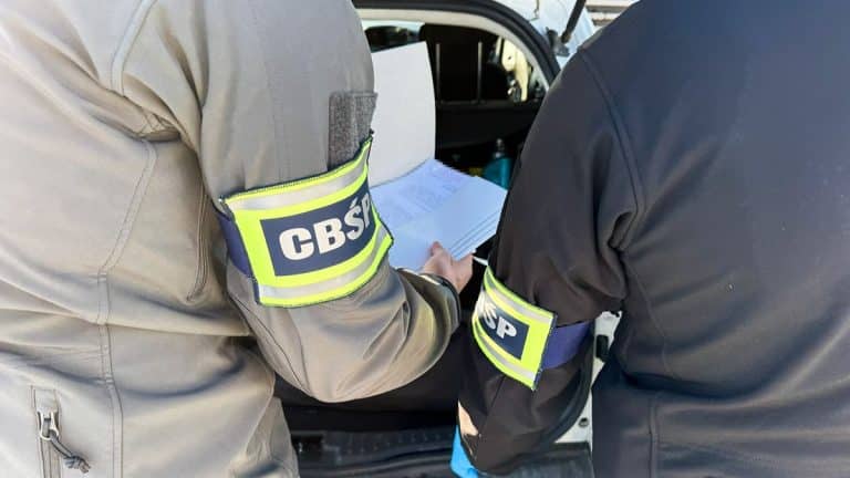 Zatrzymanie przez CBŚP na Warmii i Mazurach, funkcjonariusze w akcji, w tle samoch&oacute;d i dokumenty.