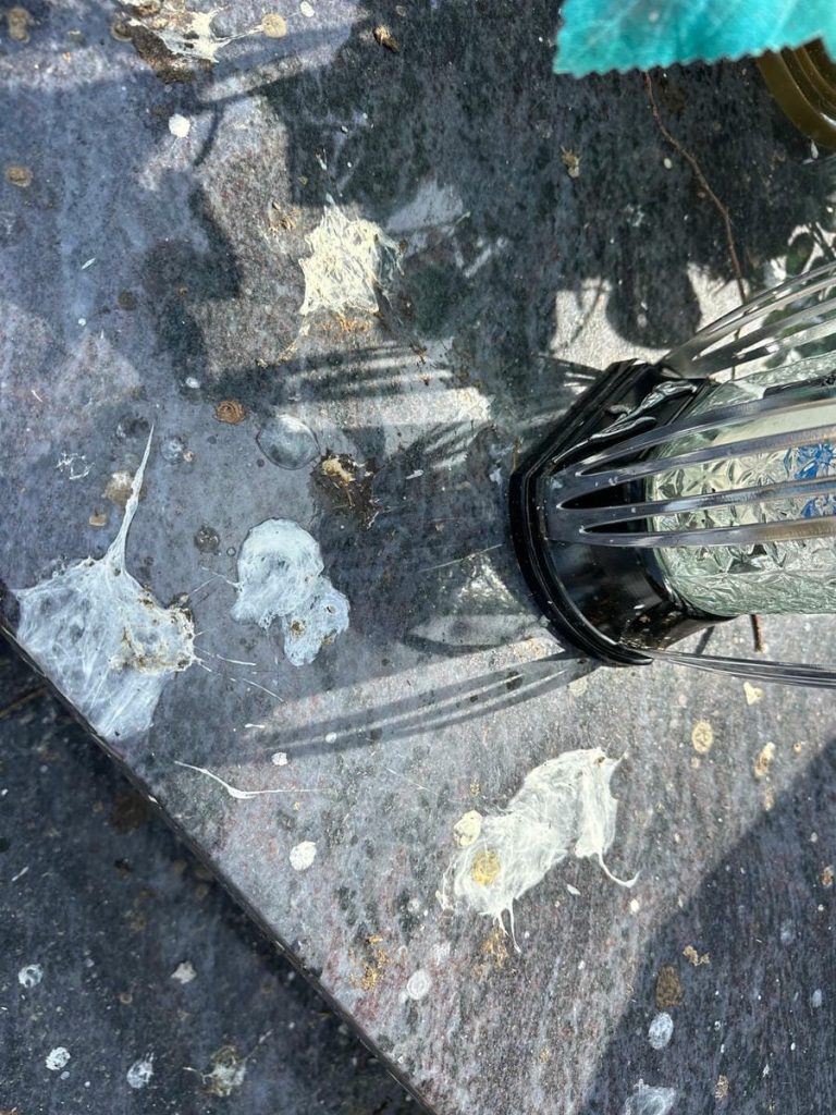 Na cmentarzu w Jezioranach widoczne ślady odchod&oacute;w ptak&oacute;w na nagrobku i blaszanym zniczu.