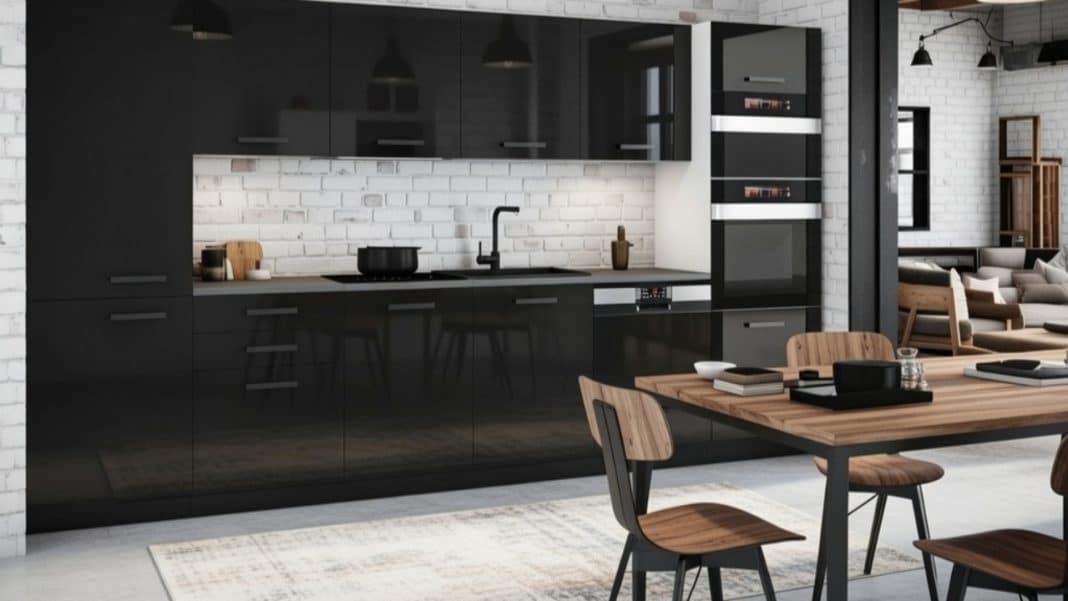 Ciemna kuchnia z czarnymi meblami, białą ceglaną ścianą i drewnianym stołem.