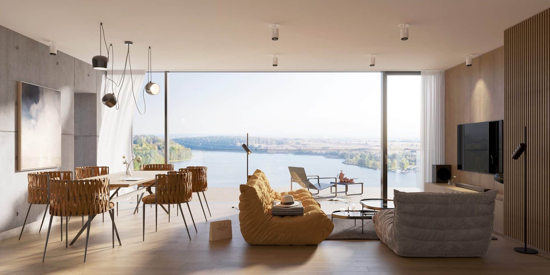 Nowoczesny salon z dużym oknem i widokiem na jezioro, meble w ciepłych kolorach, minimalistyczny wystr&oacute;j.