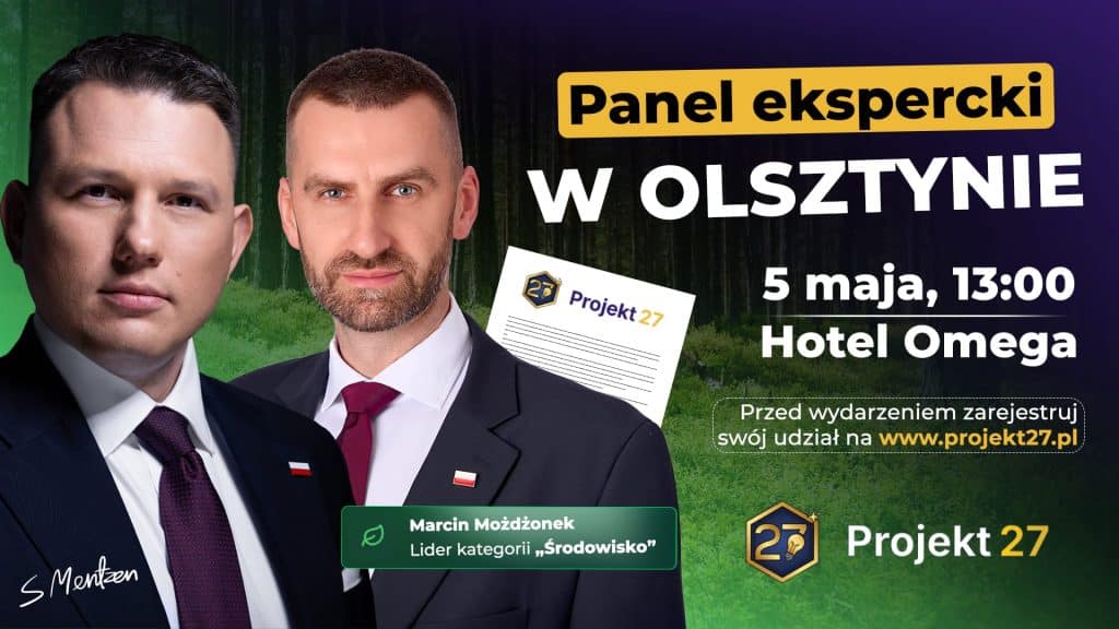 Zdjęcie dw&oacute;ch mężczyzn w garniturach na tle lasu, promujące spotkanie w Olsztynie.