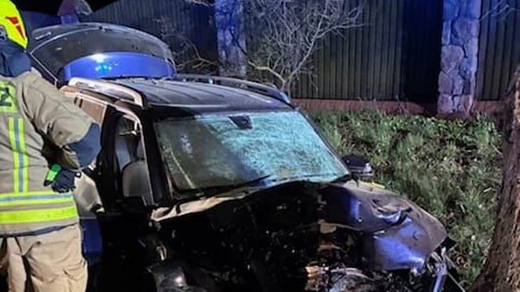 Rozbity samoch&oacute;d po wypadku na drodze, strażak i ratownik przy pojazdzie, zniszczone auto i drzewo w tle.