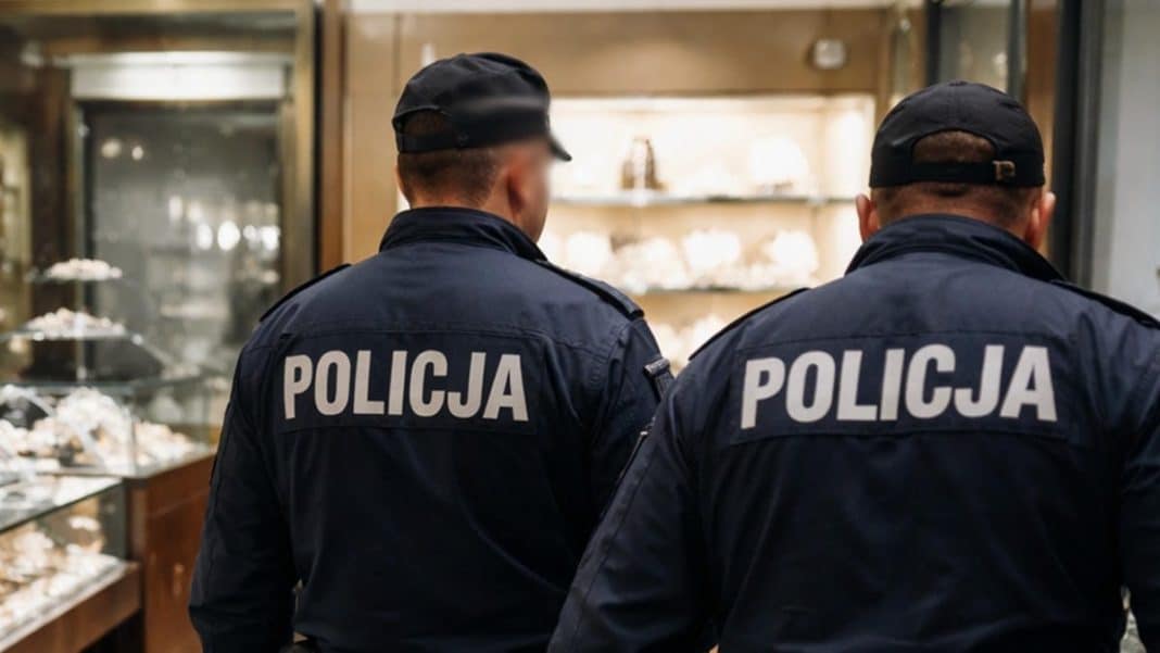 Dw&oacute;ch policjant&oacute;w z tyłu, w sali jubilerskiej, patrzą na wystawę biżuterii.
