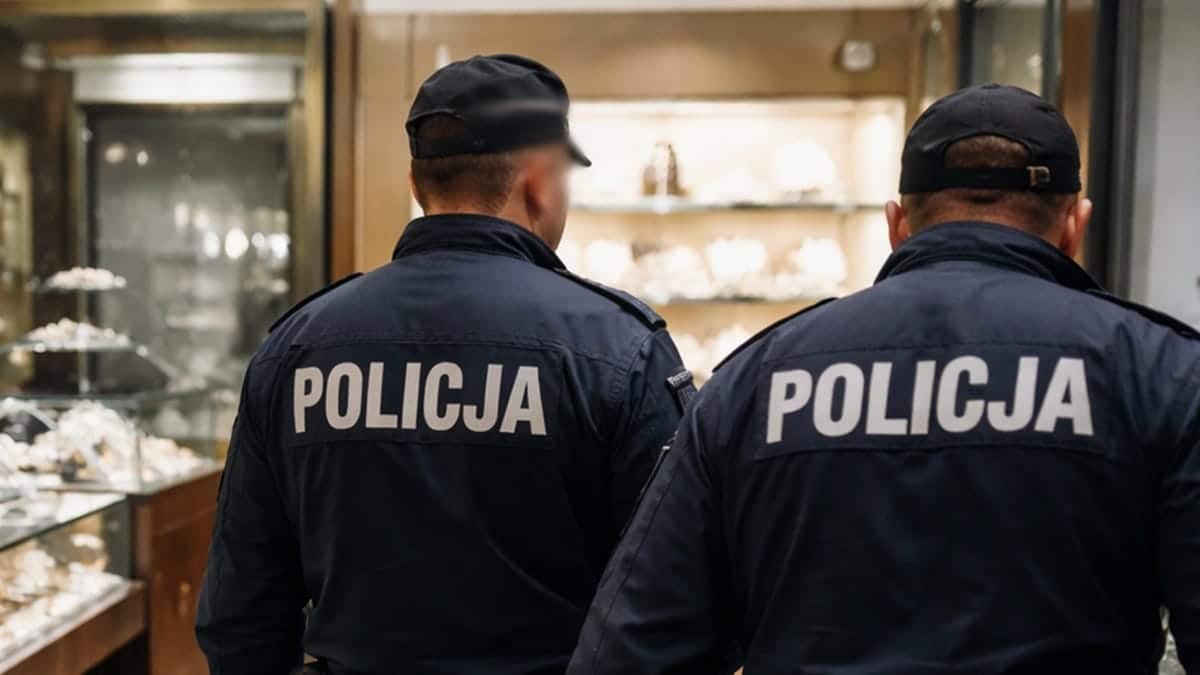 Dwóch policjantów z tyłu, w sali jubilerskiej, patrzą na wystawę biżuterii.