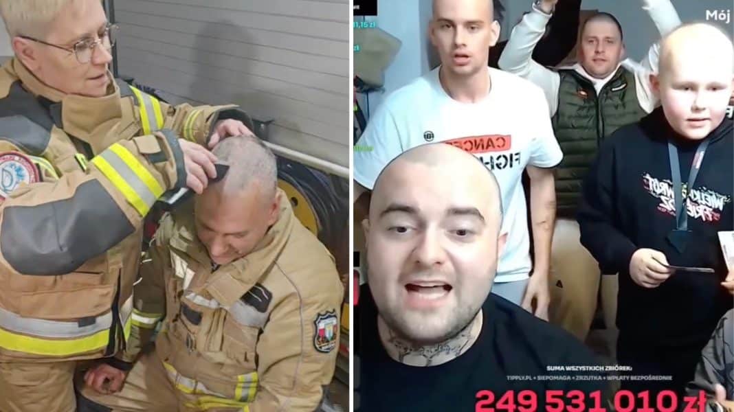 Strażacy z Olsztyna pomagają chłopcu podczas akcji charytatywnej, na tle widać grupę ludzi i zbi&oacute;rkę pieniędzy.