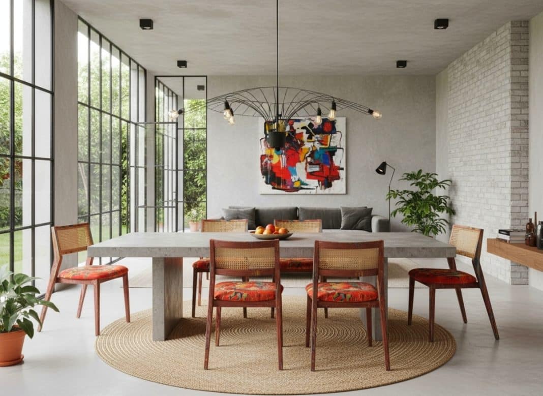 Nowoczesny jadalnia z drewnianymi krzesłami wok&oacute;ł dużego stołu, w jasnym wnętrzu z dużymi oknami.