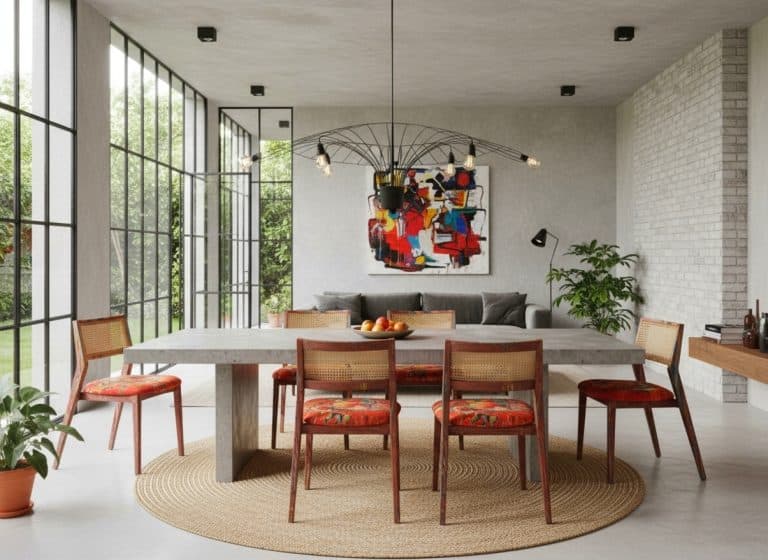 Nowoczesny jadalnia z drewnianymi krzesłami wok&oacute;ł dużego stołu, w jasnym wnętrzu z dużymi oknami.