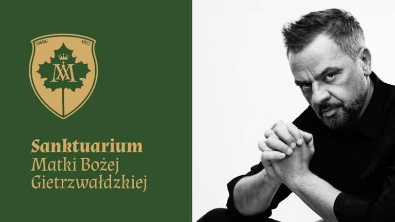 Projekt identyfikacji wizualnej Sanktuarium Matki Bożej Gietrzwałdzkiej, autor Mateusz Obarek, z logo i portretem tw&oacute;rcy.