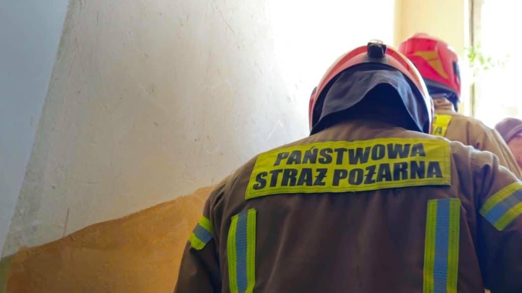 Strażak w hełmie i odblaskowej kamizelce wchodzący do mieszkania podczas akcji ratunkowej.