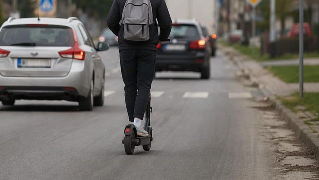 Młody mężczyzna na hulajnodze elektrycznej jedzie środkiem jezdni, za nim samochody, w mieście.