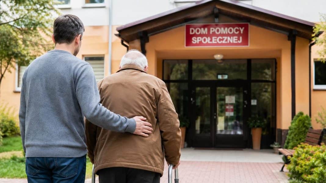 Dwoje ludzi przed wejściem do domu pomocy społecznej, jeden wspiera drugiego na w&oacute;zku.