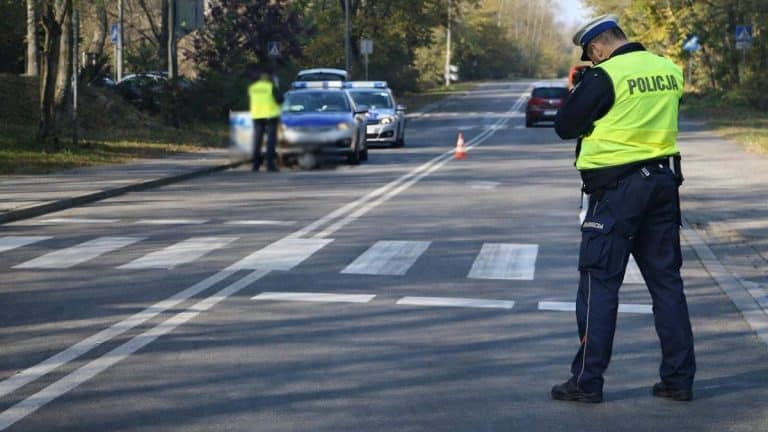 Policjant na miejscu zdarzenia drogowego, w tle samochody i oznakowany pojazd policyjny.