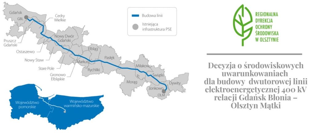 Mapa planowanej linii 400 kV z Gdańska do Olsztyna, zaznaczona trasa i istniejąca infrastruktura.