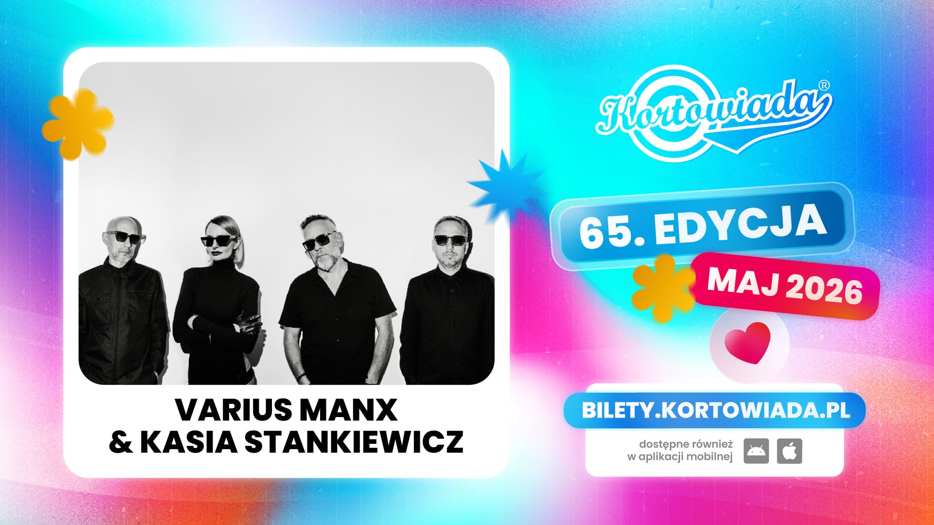 Zdjęcie czterech członk&oacute;w zespołu Varius Manx i Kasia Stankiewicz w czerni, noszących okulary przeciwsłoneczne.