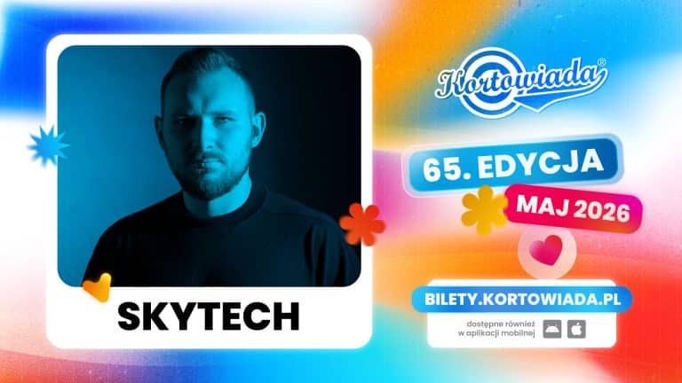 Zdjęcie promujące występ DJ Skytech na Kortowiadzie, z jego portretem na tle kolorowego tła.