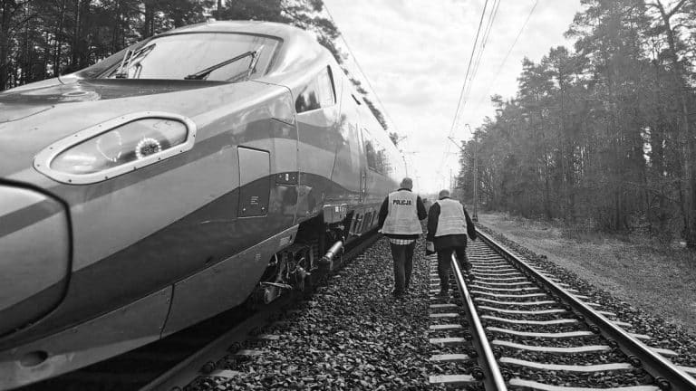 Policjanci na torach obok pociągu, prowadzą dochodzenie po tragicznej śmierci chłopca.