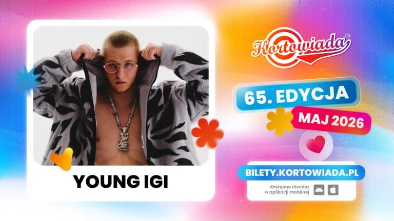 Plakat promujący występ Young Igi na Kortowiadzie 2026, z jego zdjęciem i informacją o wydarzeniu.