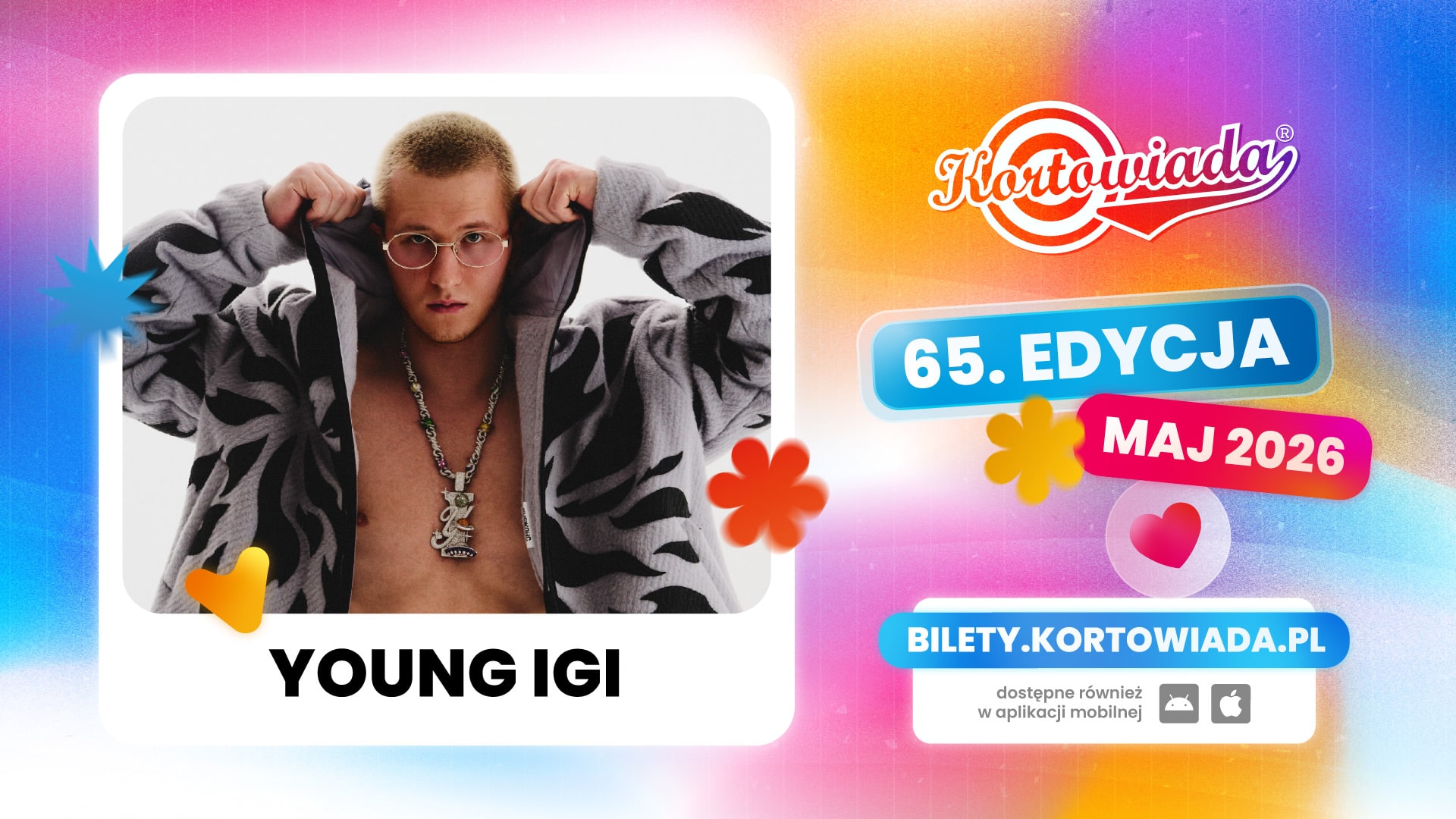 Plakat promujący występ Young Igi na Kortowiadzie 2026, z jego zdjęciem i informacją o wydarzeniu.