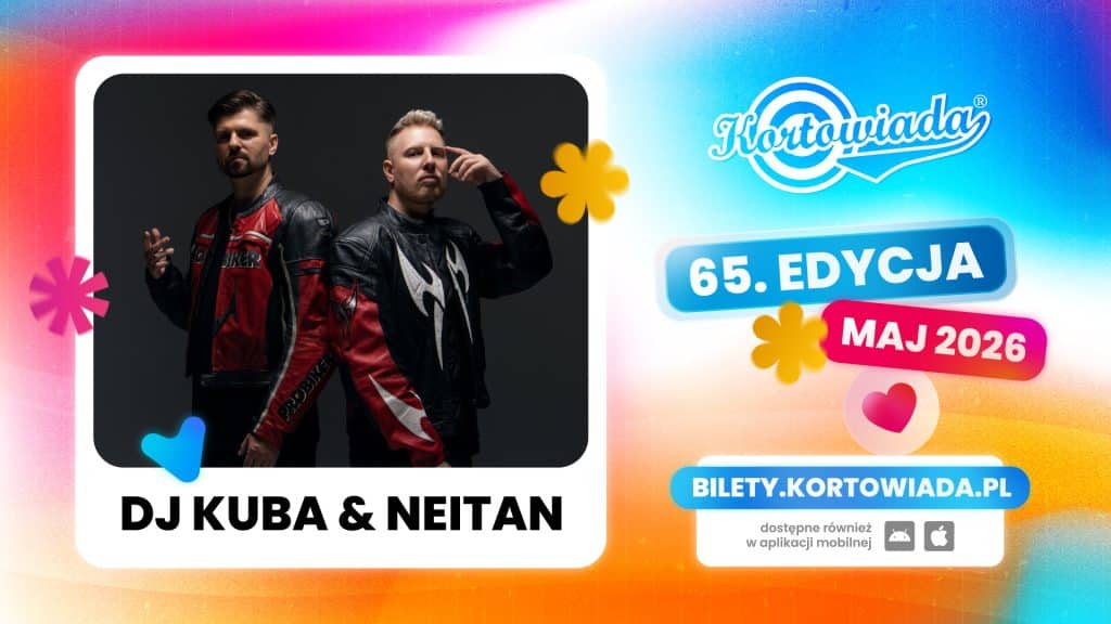 Zdjęcie dw&oacute;ch mężczyzn w sk&oacute;rzanych kurtkach na tle ciemnego tła, promujące koncert DJ KUBA &amp; NEITAN na Kortowiadzie.