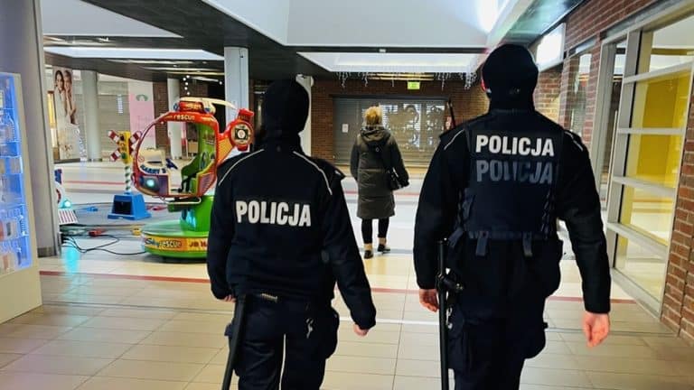 Policjanci patrolujący galerię handlową, w tle dziecięca karuzela i zamknięte sklepy.