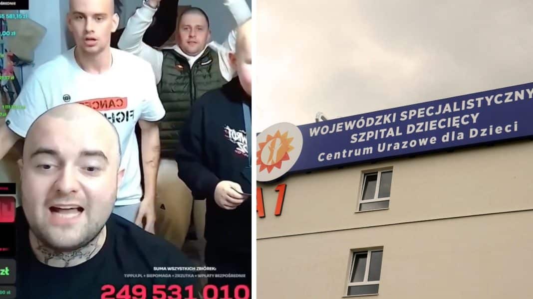 Zdjęcie przedstawia budynek szpitala dziecięcego w Olsztynie z widocznym napisem na tablicy.