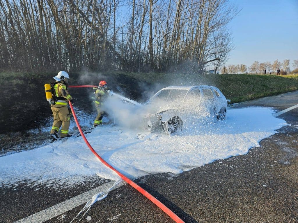 Strażacy gaszą pożar samochodu na drodze ekspresowej S22, wok&oacute;ł drzewa i grupa ludzi w tle.