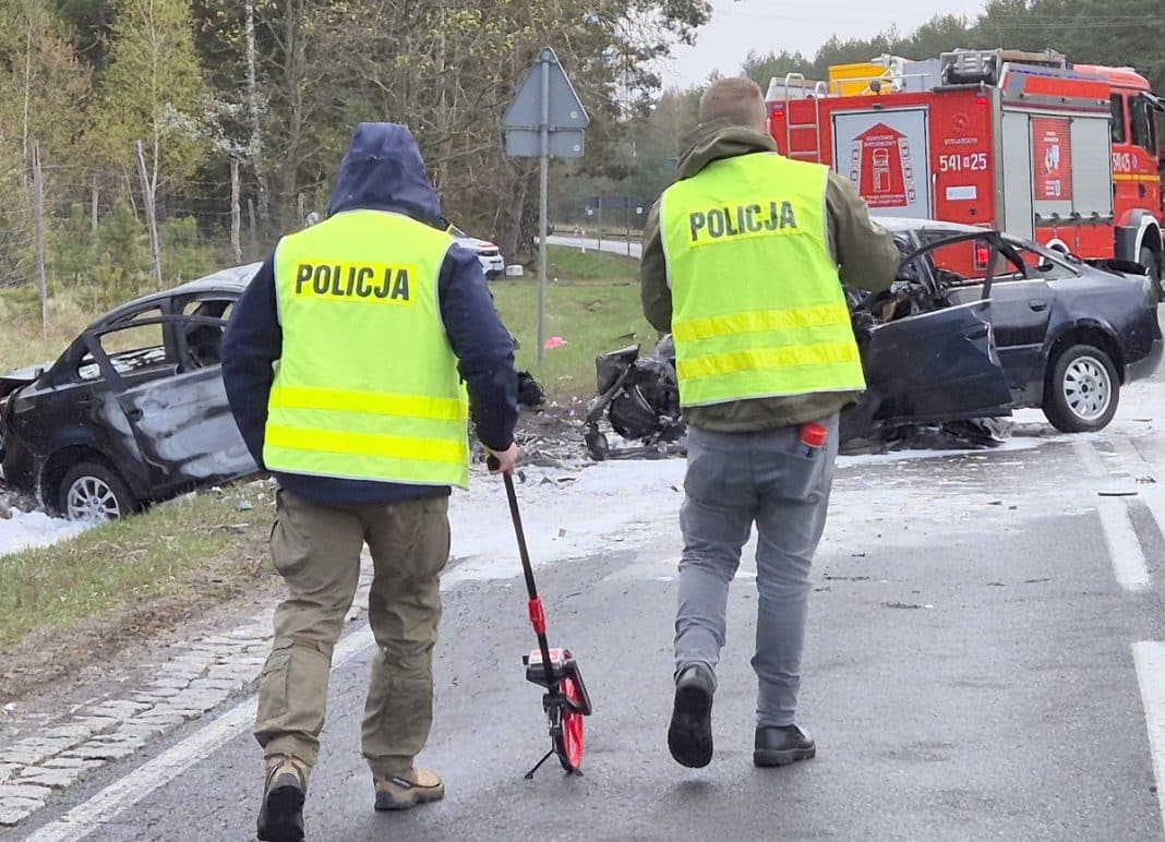 Policjanci na miejscu tragicznego wypadku na drodze krajowej, dwa spalone samochody.