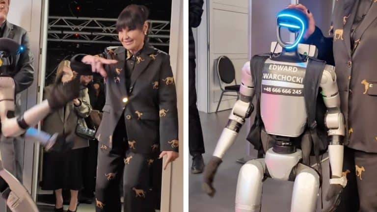 Iwona Pavlović tańczy ze sławnym robotem na planie programu tanecznego.