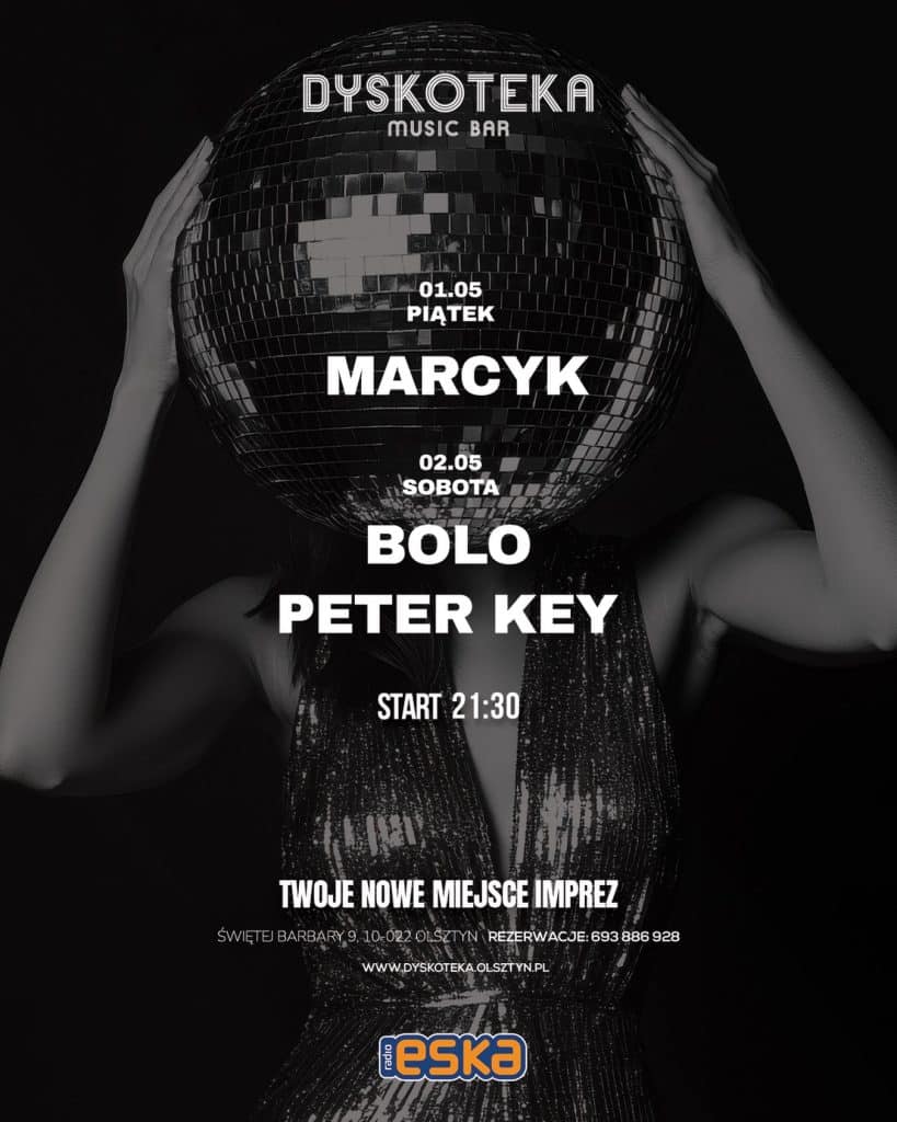 Plakat promujący trzydniowe wydarzenia w nowym klubie Dyskotece Music Bar w Olsztynie, z dyskotekowym motywem.